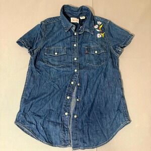Levi's Denim Western Shirt Womens XS Blue Cotton Floral Embroidered Snap Front